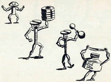Cartoon of rivit, nail, screw and ink bottler lifting weights.
